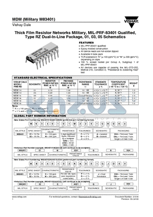 M8340101K1004FBDSL datasheet - Thick Film Resistor Networks Military, MIL-PRF-83401 Qualified, Type RZ Dual-In-Line Package, 01, 03, 05 Schematics