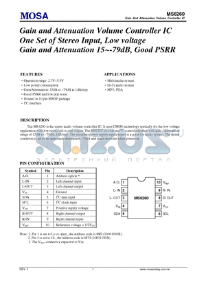 MS6260MGU datasheet - Gain and Attenuation Volume Controller IC One Set of Stereo Input, Low voltage Gain and Attenuation 15~-79dB, Good PSRR