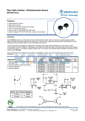 OPI1280-040 datasheet - Fiber Optic Isolator-Phototransistor Sensor