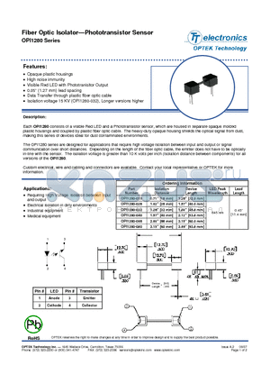 OPI1280-080 datasheet - Fiber Optic Isolator-Phototransistor Sensor