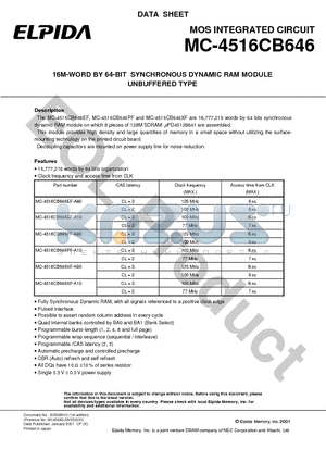 MC-4516CB646EF-A10 datasheet - 16M-WORD BY 64-BIT SYNCHRONOUS DYNAMIC RAM MODULE UNBUFFERED TYPE