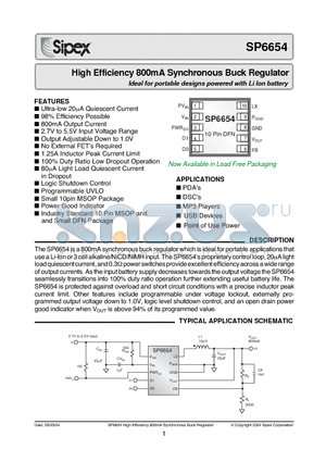 SP6654EU datasheet - High Efficiency 800mA Synchronous Buck Regulator Ideal for portable designs powered with Li Ion battery