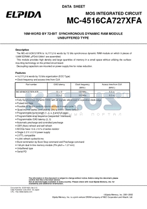 MC-4516CA727XFA-A75 datasheet - 16M-WORD BY 72-BIT SYNCHRONOUS DYNAMIC RAM MODULE UNBUFFERED TYPE