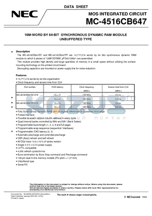 MC-4516CB647EF-A75 datasheet - 16M-WORD BY 64-BIT SYNCHRONOUS DYNAMIC RAM MODULE UNBUFFERED TYPE