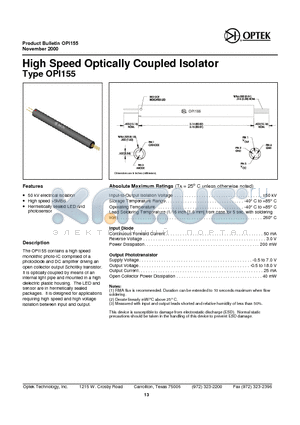 OPI155 datasheet - High Speed Op tically Cou pled Isolator