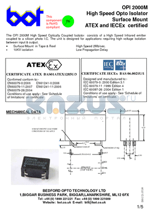 OPI2000M datasheet - High Speed Opto Isolator Surface Mount ATEX and IECEx certified