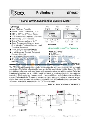 SP6659 datasheet - 1.5MHz, 600mA Synchronous Buck Regulator