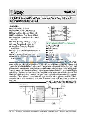 SP6656 datasheet - High Efficiency 400mA Synchronous Buck Regulator with Bit Programmable Output