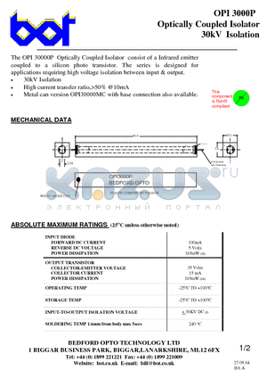 OPI3000P datasheet - Optically Coupled Isolator 30kV Isolation