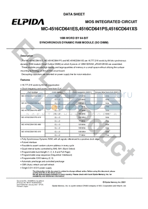 MC-4516CD641PS-A80 datasheet - 16M-WORD BY 64-BIT SYNCHRONOUS DYNAMIC RAM MODULE (SO DIMM)