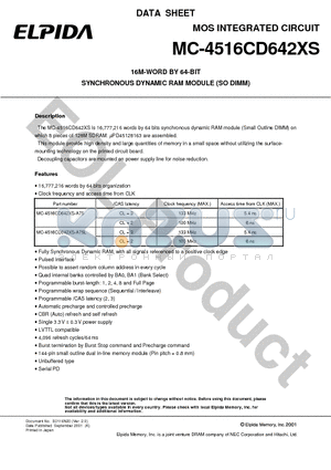 MC-4516CD642XS-A75 datasheet - 16M-WORD BY 64-BIT SYNCHRONOUS DYNAMIC RAM MODULE (SO DIMM)