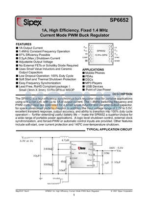 SP6652EU-L/TR datasheet - 1A, High Efficiency, Fixed 1.4 MHz Current Mode PWM Buck Regulator