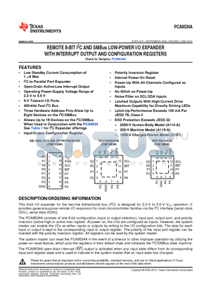 PCA9534ADBQR datasheet - REMOTE 8-BIT I2C AND SMBus LOW-POWER I/O EXPANDER WITH INTERRUPT OUTPUT AND CONFIGURATION REGISTERS
