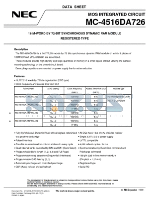 MC-4516DA726 datasheet - 16 M-WORD BY 72-BIT SYNCHRONOUS DYNAMIC RAM MODULE REGISTERED TYPE