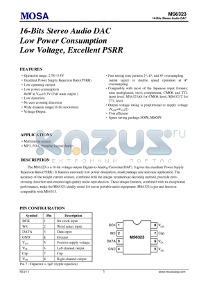 MS6323 datasheet - 16-Bits Stereo Audio DAC Low Power Consumption Low Voltage, Excellent PSRR
