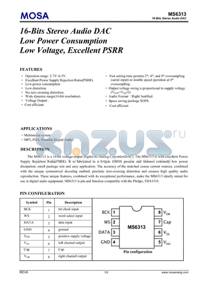 MS6313ASGU datasheet - 16-Bits Stereo Audio DAC Low Power Consumption Low Voltage, Excellent PSRR