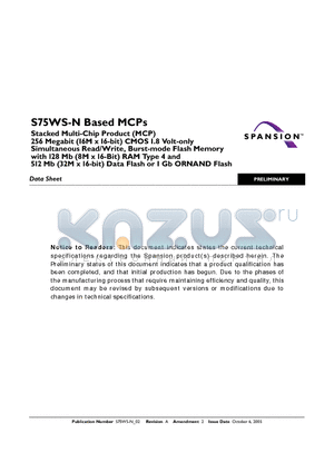 S75WS256NDFBFWLH3 datasheet - Stacked Multi-Chip Product (MCP)