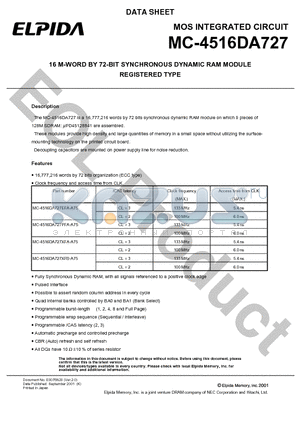 MC-4516DA727 datasheet - 16 M-WORD BY 72-BIT SYNCHRONOUS DYNAMIC RAM MODULE REGISTERED TYPE