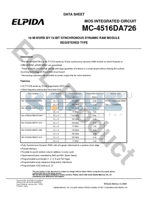 MC-4516DA726PFC-A80 datasheet - 16 M-WORD BY 72-BIT SYNCHRONOUS DYNAMIC RAM MODULE REGISTERED TYPE