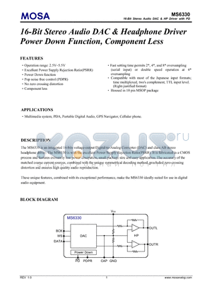 MS6330GTR datasheet - 16-Bit Stereo Audio DAC & Headphone Driver Power Down Function, Component Less