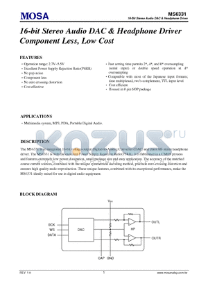 MS6331 datasheet - 16-bit Stereo Audio DAC & Headphone Driver Component Less, Low Cost