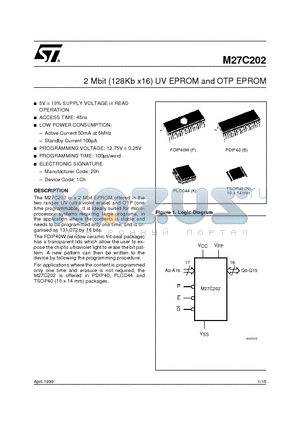 M27C202 datasheet - 2 Mbit (128Kb x16) UV EPROM and OTP EPROM