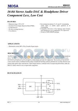 MS6331_1 datasheet - 16-bit Stereo Audio DAC & Headphone Driver Component Less, Low Cost