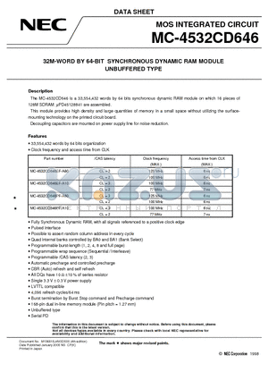 MC-4532CD646PF-A80 datasheet - 32M-WORD BY 64-BIT SYNCHRONOUS DYNAMIC RAM MODULE UNBUFFERED TYPE