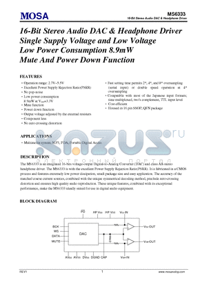 MS6333 datasheet - 16-Bit Stereo Audio DAC & Headphone Driver Single Supply Voltage and Low Voltage Low Power Consumption 8.9mW Mute And Power Down Function