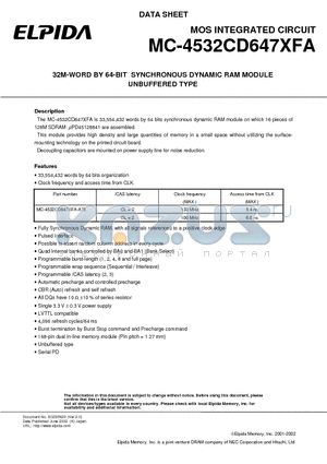 MC-4532CD647XFA-A75 datasheet - 32M-WORD BY 64-BIT SYNCHRONOUS DYNAMIC RAM MODULE UNBUFFERED TYPE