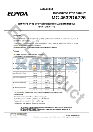 MC-4532DA726PFB-A10 datasheet - 32 M-WORD BY 72-BIT SYNCHRONOUS DYNAMIC RAM MODULE REGISTERED TYPE