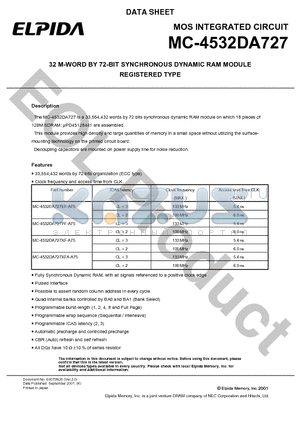 MC-4532DA727PF-A75 datasheet - 32 M-WORD BY 72-BIT SYNCHRONOUS DYNAMIC RAM MODULE REGISTERED TYPE