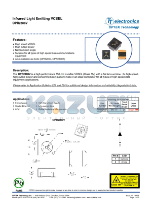 OPR2800V datasheet - Infrared Light Emitting VCSEL