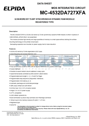 MC-4532DA727XFA datasheet - 32 M-WORD BY 72-BIT SYNCHRONOUS DYNAMIC RAM MODULE REGISTERED TYPE