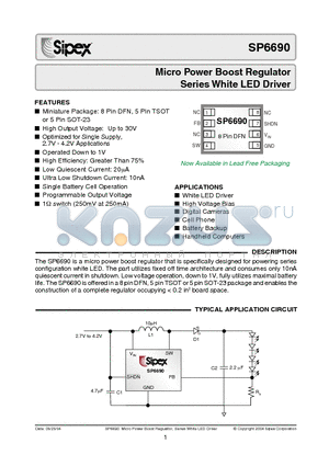 SP6690EK1 datasheet - Micro Power Boost Regulator Series White LED Driver