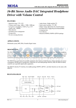 MS6334GU datasheet - 16-Bit Stereo Audio DAC Integrated Headphone Driver with Volume Control