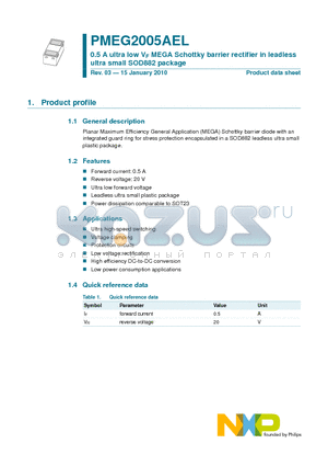 PMEG2005AEL datasheet - 0.5 A ultra low VF MEGA Schottky barrier rectifier in leadless ultra small SOD882 package