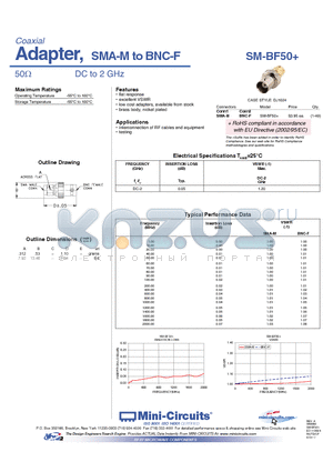 SM-BF50+ datasheet - Coaxial Adapter, SMA-M to BNC-F