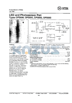 OPS693 datasheet - LED and Photosensor Pair