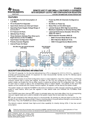 PCA9534RGVR datasheet - REMOTE 8-BIT I2C AND SMBus LOW-POWER I/O EXPANDER WITH INTERRUPT OUTPUT AND CONFIGURATION REGISTERS