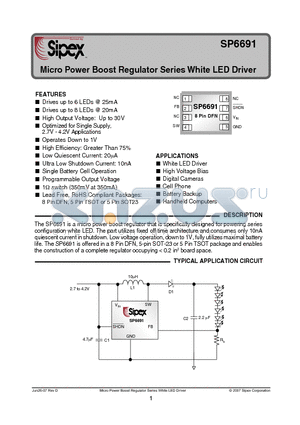 SP6691EK datasheet - SOT23Micro Power Boost Regulator Series White LED Driver