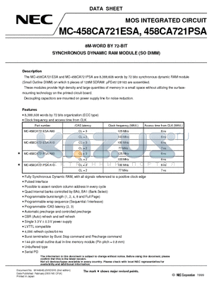 MC-458CA721PSA datasheet - 8M-WORD BY 72-BIT SYNCHRONOUS DYNAMIC RAM MODULE SO DIMM