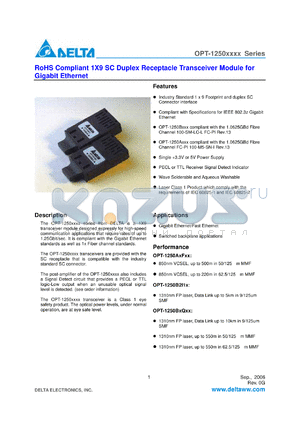 OPT-1250A1F1RBH datasheet - RoHS Compliant 1X9 SC Duplex Receptacle Transceiver Module for Gigabit Ethernet