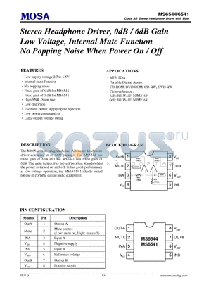 MS6541 datasheet - Stereo Headphone Driver, 0dB / 6dB Gain Low Voltage, Internal Mute Function No Popping Noise When Power On / Off