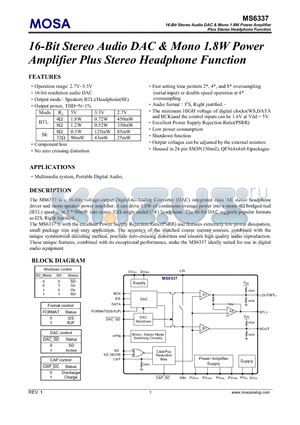 MS6337GTR datasheet - 16-Bit Stereo Audio DAC & Mono 1.8W Power Amplifier Plus Stereo Headphone Function