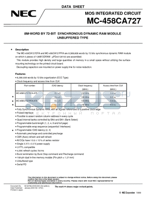 MC-458CA727 datasheet - 8M-WORD BY 72-BIT SYNCHRONOUS DYNAMIC RAM MODULE UNBUFFERED TYPE