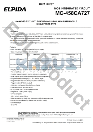 MC-458CA727 datasheet - 8M-WORD BY 72-BIT SYNCHRONOUS DYNAMIC RAM MODULE UNBUFFERED TYPE