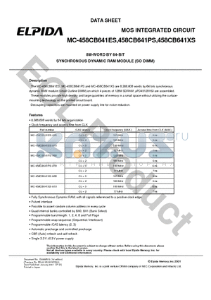 MC-458CB641ES datasheet - 8M-WORD BY 64-BIT SYNCHRONOUS DYNAMIC RAM MODULE (SO DIMM)