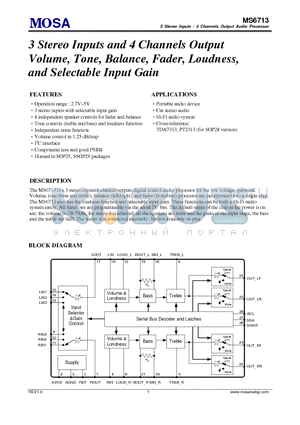 MS6713GTR datasheet - 3 Stereo Inputs and 4 Channels Output Volume, Tone, Balance, Fader, Loudness, and Selectable Input Gain