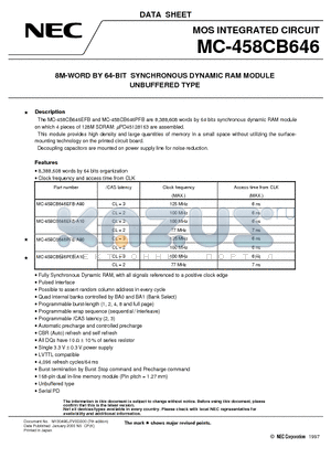 MC-458CB646 datasheet - 8M-WORD BY 64-BIT SYNCHRONOUS DYNAMIC RAM MODULE UNBUFFERED TYPE